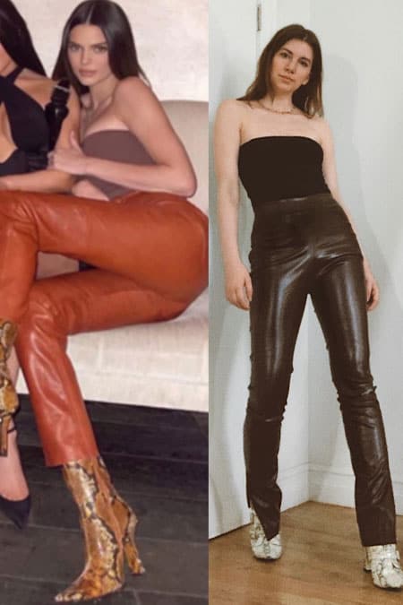 kendal ljenner wearing brown leather pants with tube top and snakeskin boots. next to Gabrielle arruda wearing kendall jenner inspired outfit to show how to dress like kendall jenner 
