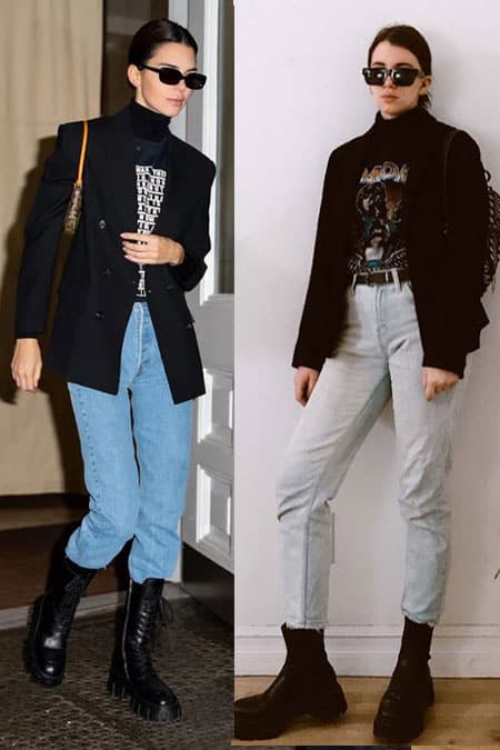 kendall jenner outfit with straight leg jeans, t-shirt with turtleneck underneath and blazer on top with chunky boots. next to Gabrielle arruda in kendall jenner steal her style look