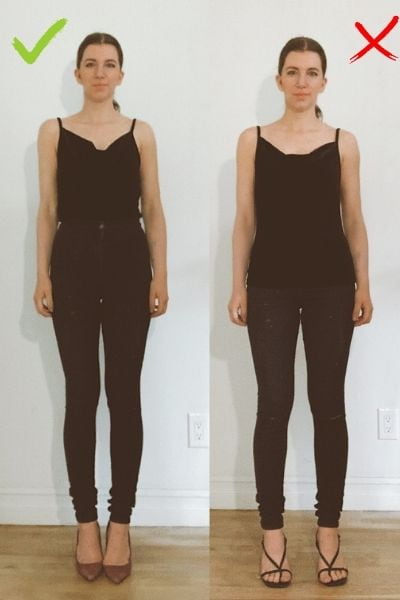 tuck in your tops to help lengthen your legs and give definiton to your waist. side by side of tucked and untucked top on gabrielle arruda