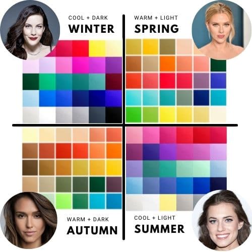 color palettes for each season, with celebrity example, winter (liv Tyler), spring (Scarlett Johanson), autumn (Jessica Alba), and summer (Alison Williams)