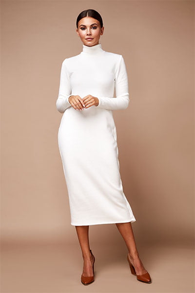 business casual fashion dress, woman in turtleneck dress and heels