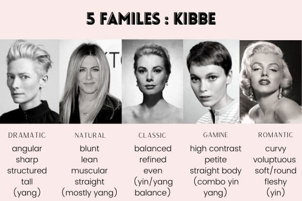 main kibbe families and their general descriptions: dramatic, natural, classic, gamine and romantic