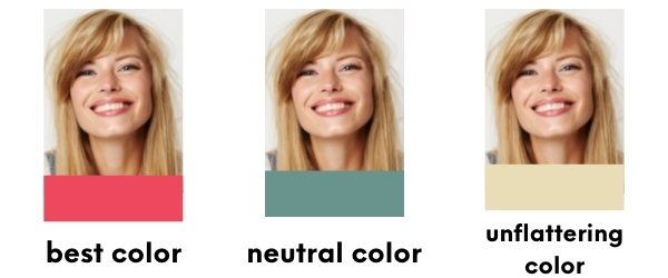 light spring face three times with best color (bright pink), neutral color (muted teal) and an unflattering color (dusty beige wth yellow). 