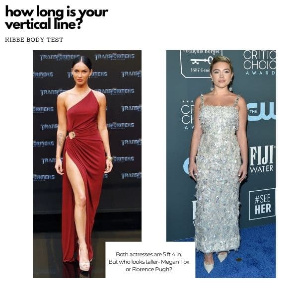 kibbe body type test vertical line, comparing megan fox and florence pugh who are both the same height but megan appears much taller which means she has a long vertical line