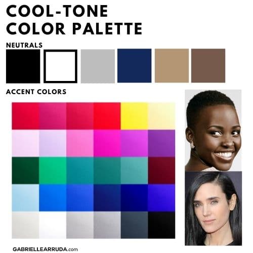 cool-tone color palette with base neutrals and accent colors and celebrity examples Jennifer Connelly and Lupito Nyong'o
