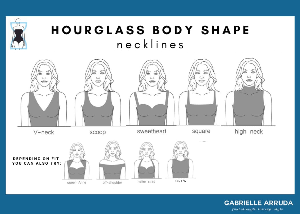 necklines for the hourglass body shape: v-neck, scoop, sweetheart, square, high neck, and depending on fit you can also try queen anee, off-shoulder, halter, and crew