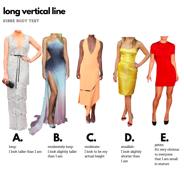 vertical line kibbe body test options, long, moderately long, moderate, smallish, petite