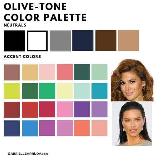 olive tone color palette with base neutrals and accent colors and celebrity examples Adriana LIma and Eva Mendez