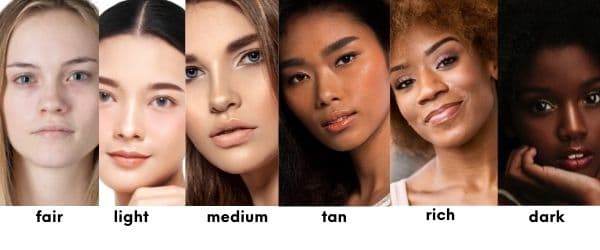 6 main skin tones to develop a color palette wardrobe: fair, light, medium, tan, rich, dark or deep