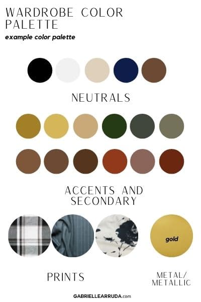 example wardrobe color palette chart  with neutrals black white tan navy and brown and accent colors in the golden yellow, rust red and olive range. 