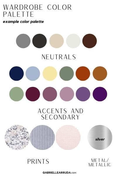 example wardrobe color palette with neutrals: dark and medium gray, tan, white, and dark brown.  with accent colors in the muted yellow, dusty blue, rust, and amber orange family with some muted purples