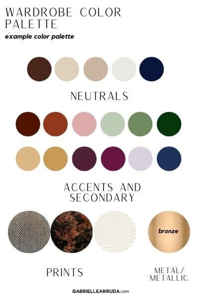 wardrobe color palette chart example with neutrals in the dark to light brown family (cooler toned), light gray/white, and dark navy with accent colors in the  dark red, light pink, soft green, dark green, light toasted yellow and deep burgundy shades 