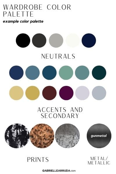 wardrobe color palette example with neutrals in the cool gray famiily, navy, and white.  With accents in the cool blue family, seafoam green, dark teal, light mustard yellow and dark mustard yellow and light gray lilac and burgungy (both purple and red) 