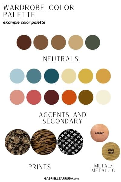 wardrobe color palette example with browns and tan and olive as neutrals. accents include light (clear) blues, teals, yellows, corals, and some autumnal colors 