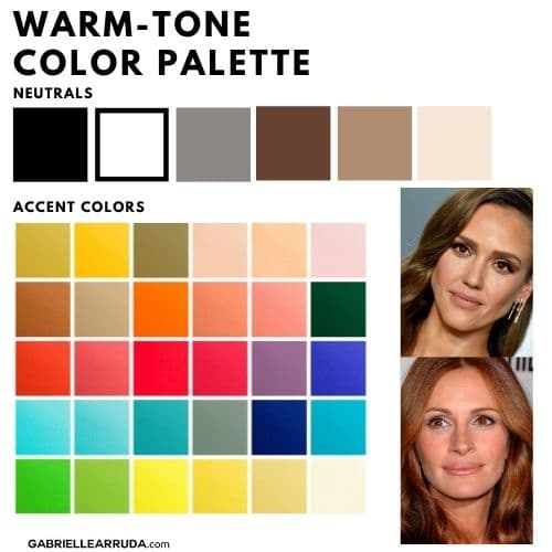 warm-tone color palette with neutrals, accent colors and celebrity examples (jessica alba and julia roberts)