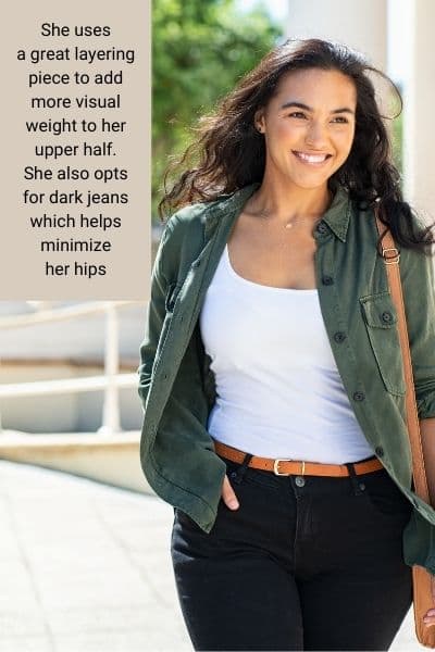 balance out a pear shape outfit with a  jacket example 