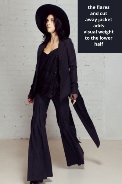 inverted triangle outfit - dark- using flares and cut away blazer to balance shoulders