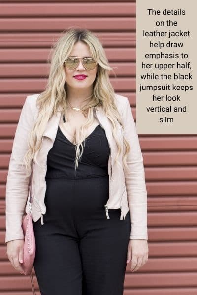 pear shape body outfit with dark jumpsuit that slims with a leather moto jacket that adds visual weight to the upper half 