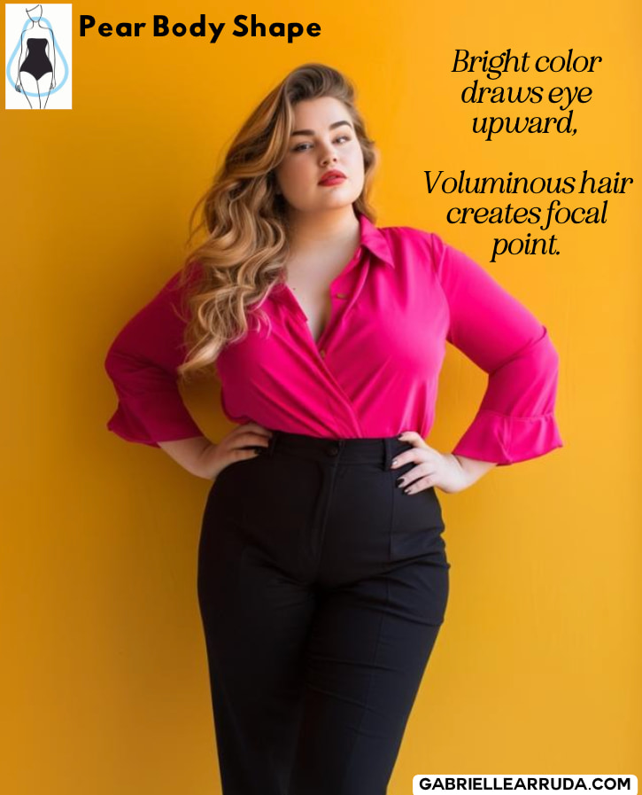 pear body shape curvy woman wearing black trouser and bright blouse