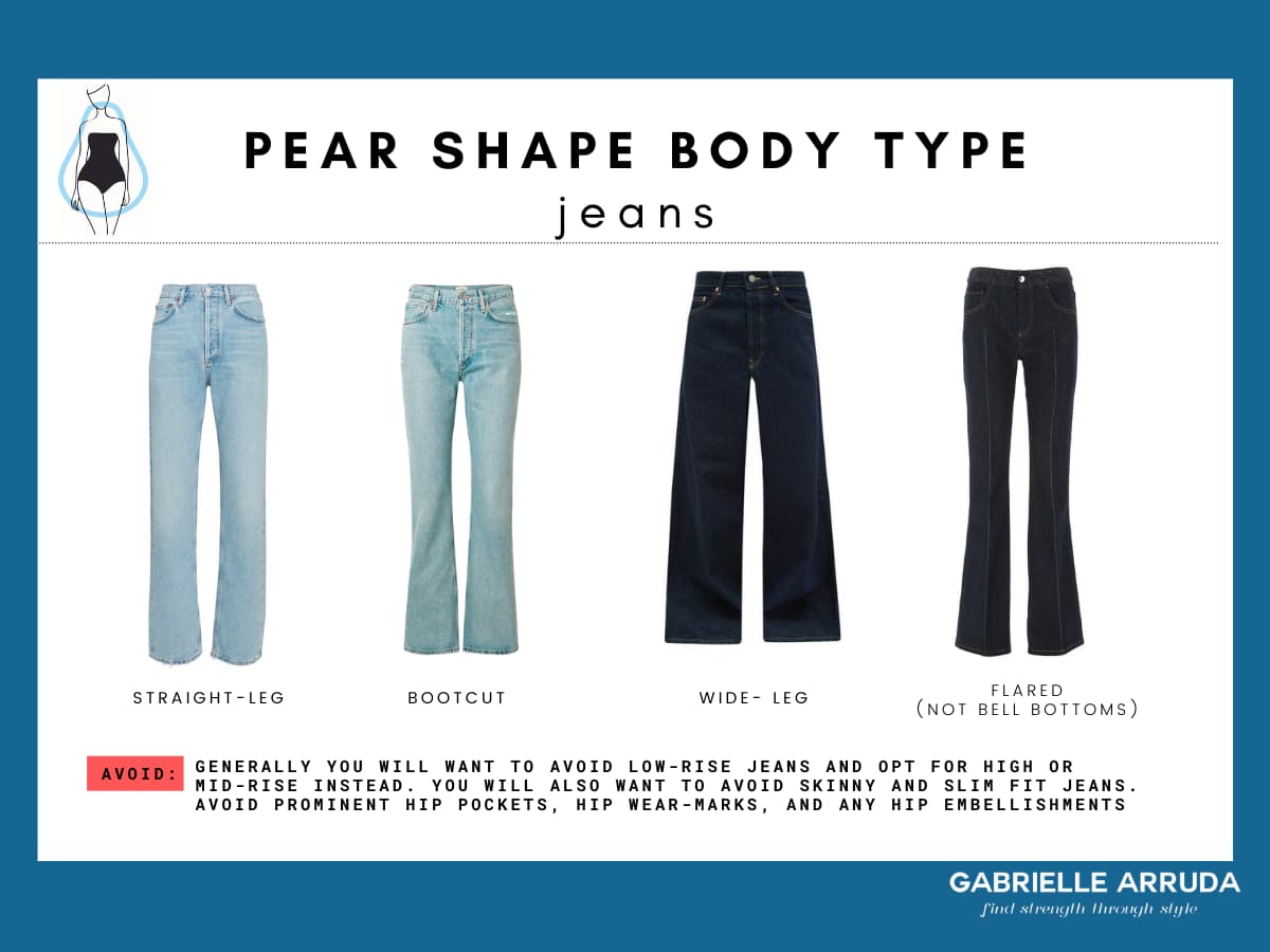 best jeans for pear body shape: straight-leg, bootcut, wide-leg, and flared (not bell bottoms). generally avoid low rise jeans and avoid skinny jeans 
