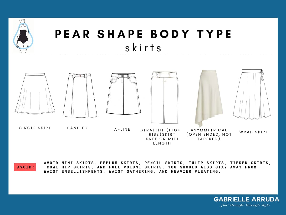 best skirts for pear body shape: circle skirt, paneled, a-line, straight style, asymmetrical, wrap skirt. avoid mini skirts, peplum skirts, tulip skirts, tiered skirts, and full volume skirts 