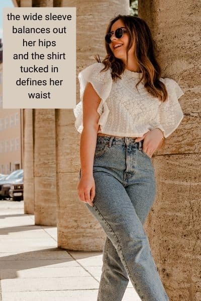 balancing an outfit for the pear body type, outfit idea with ruffle sleeve and high rise loose jeans
