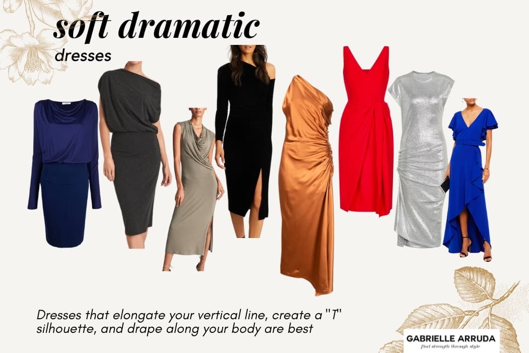 soft dramatic kibbe dress examples, draped dresses, cowl neck dresses, and dresses that drape down the body 