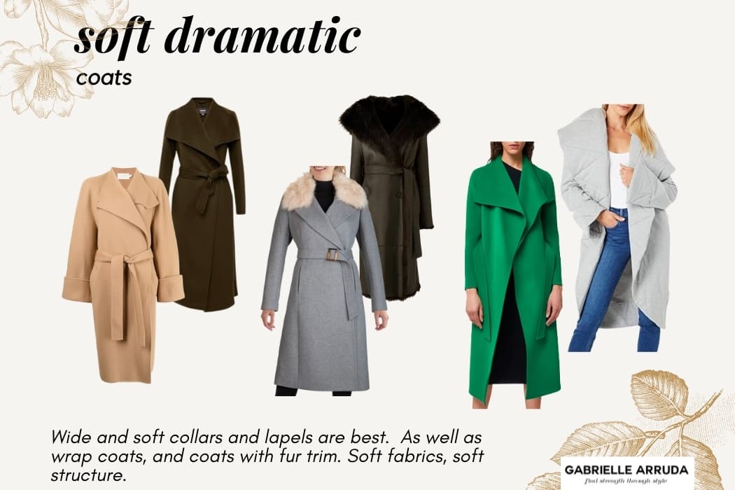 kibbe soft dramatic outerwear and coats examples, wrap coats, soft structure coats and  fur-trimmed coats 