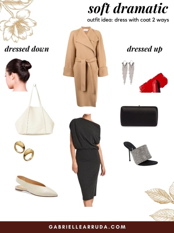 soft dramatic kibbe outfit with cowl neck jersey dress two ways- dressy and casual. casual with pointed flts, chunky rings, oversize tote, and wrap camel coat. Dressed up with black clutch, diamond glitz mule heels, and statement earrings and red lipstick and the same wrap coat 