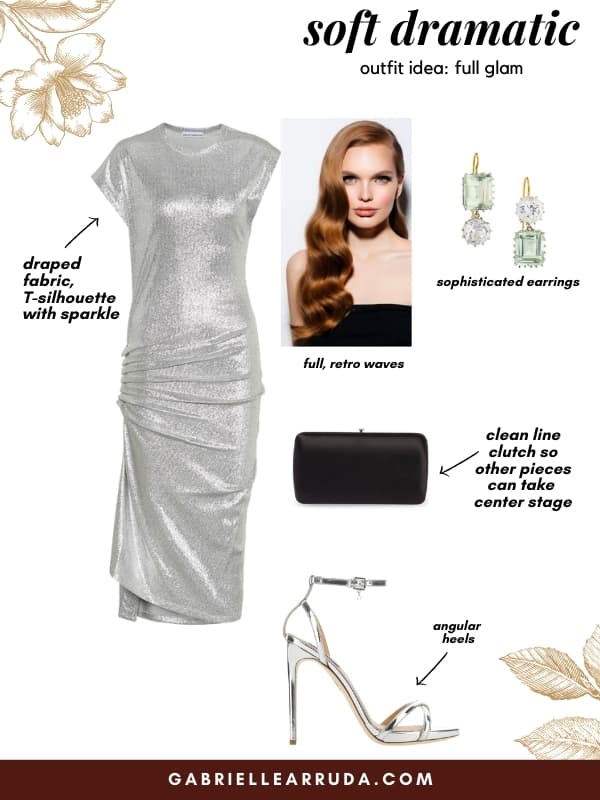 glam look for soft dramatic kibbe: sparkly boatneck dress with side gathered at hips and hugs body. stiletto heels in silver with ankle strap and black clutch  and statement earrings with gemstones 