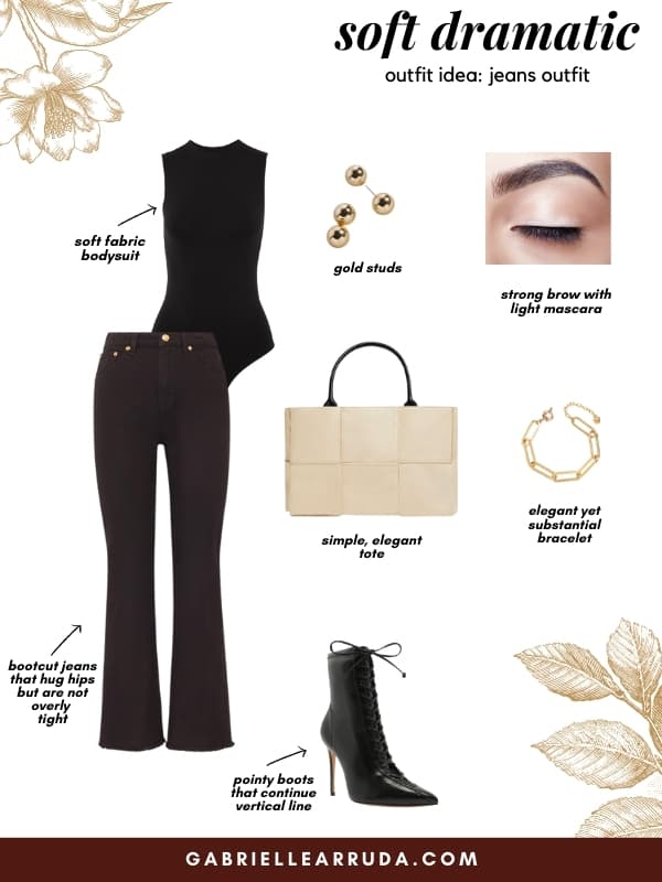 casusal soft dramatic outfit idea with jeans. bootcut jeans with black bodysuit and black pointy heeled boots. monochromatic black outfit with cream tote and chunky bracelet and stud earrings 