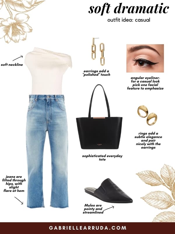 kibbe soft dramatic casual outfit idea with jeans, a cowl neck blouse with pointed mules and oversized tote 