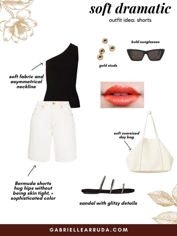 casual summer outfit for the soft dramatic kibbe type, long bermuda shorts with asymmetrical fitted tank and glitzy strap sandals and oversized tote and sunglasses