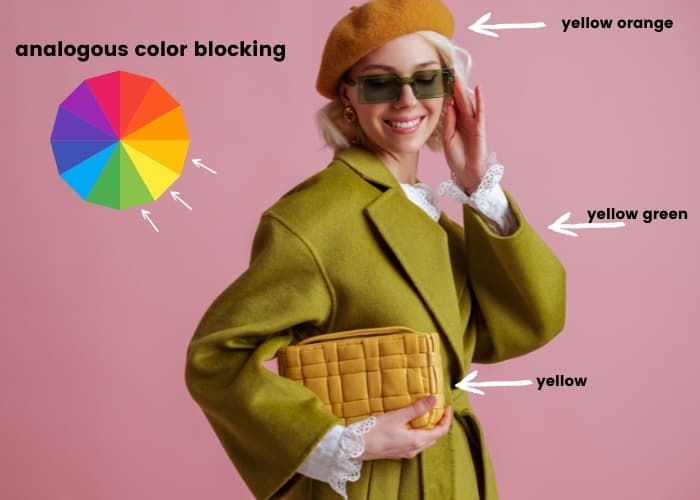 analogous color outfit example, color blocking using yellow orange, yellow, and yellow-green
