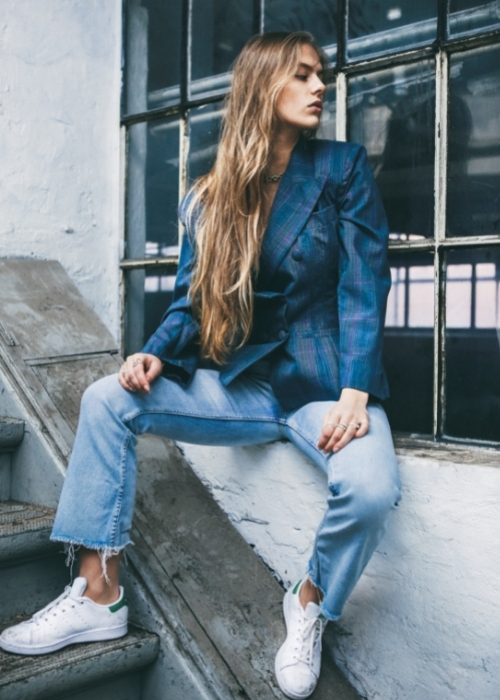 color blocking double denim tonal outfit