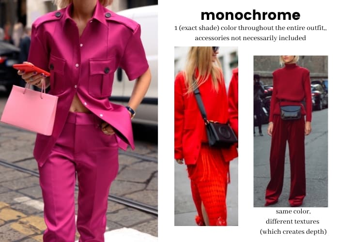 monochromatic color blocking, using one color (exact shade) throughout your outfit, all magenta outift, all red outfit, and all burgundy outfit examples