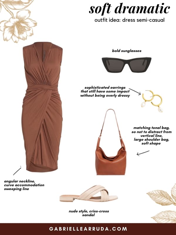 soft dramatic outfit dress with sweeping lines and nude sandal and slouchy shoulder bag