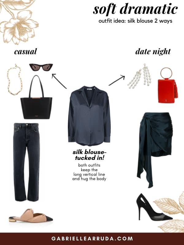 soft dramatic outift idea- one silk blouse two ways- dressed down with jeans, oversized tote, pointy mule flats, and dressed up with red clutch, sparkly earrings,silk skirt and black stiletto pump 