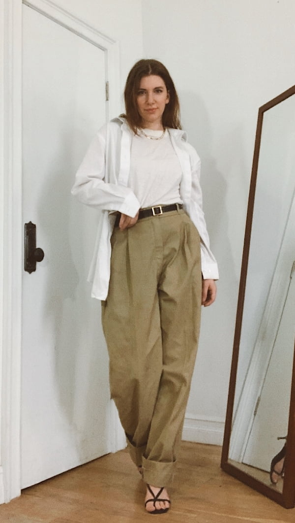 gabrielle arruda wearing trousers from second hand shop showing on to be stylish on a limited budget