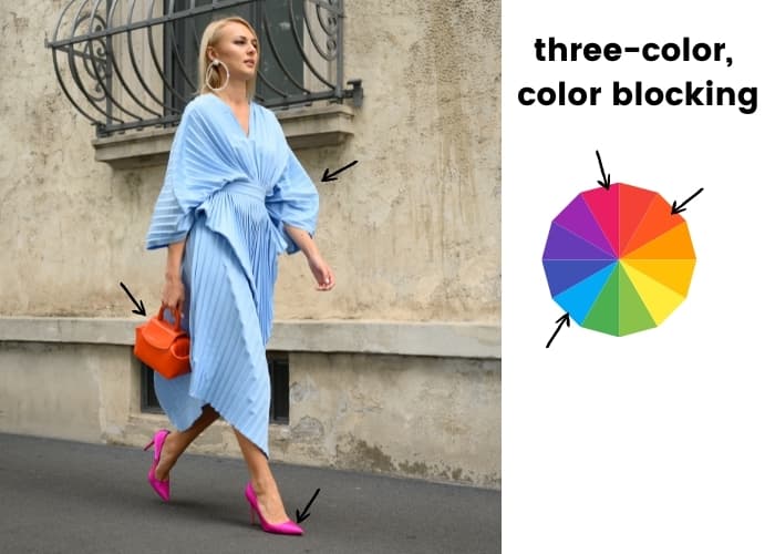 three-color color blocking example, woman in light blue dress with magenta heels and orange purse