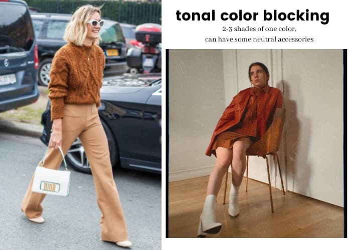 tonal color blocking fashion examples, using 2-3 shades or tints of one color to create an outfit, woman wearing tan tonal outfit and gabrielle arruda wearing orange tonal outfit
