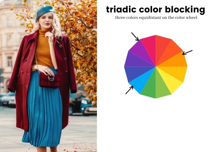 triadic color blocking outfit example, woman wearing burgundy coat, with yellow-orange sweater and light blue hat and skirt