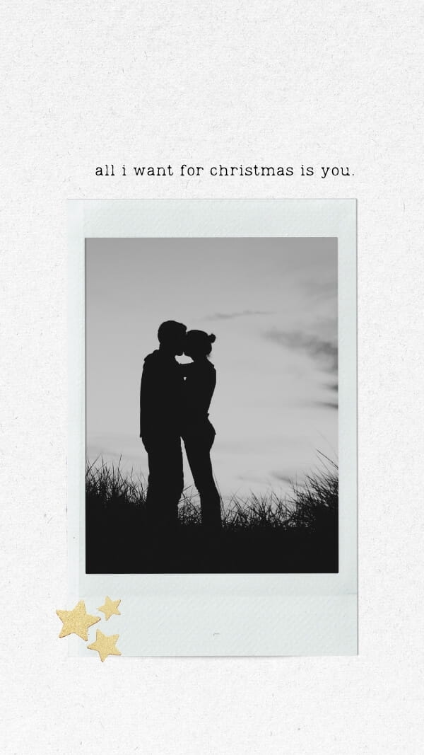 light textured background with polaroid in center, couple outline kissing, with typewriter text "all i want for christmas is you." love christmas wallpaper background iphone