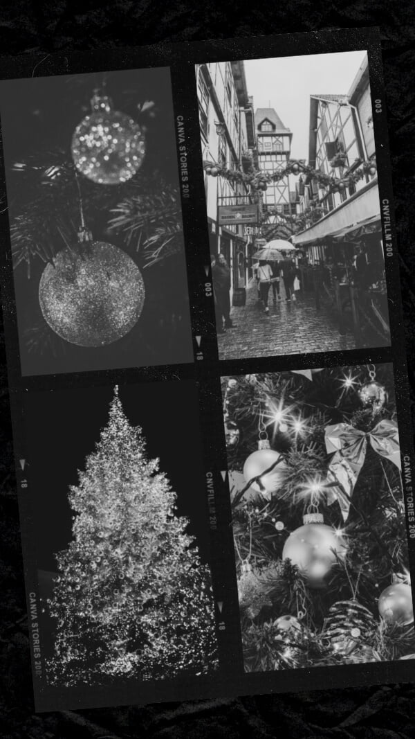 black background with four film frame (off center/tilted) with 4 black and white images- ornaments on tree, holiday village street, lit up christmas tree, and lights and ornaments on tree close up. dark classic christmas wallpaper for iphone