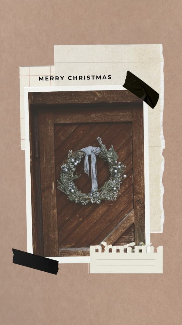 brown butcher paper with scraps of lined paper and a taped image of a wooden door with holiday wreath on it. text "merry christmas".  vintage christmas holiday wallpaper background for iphone