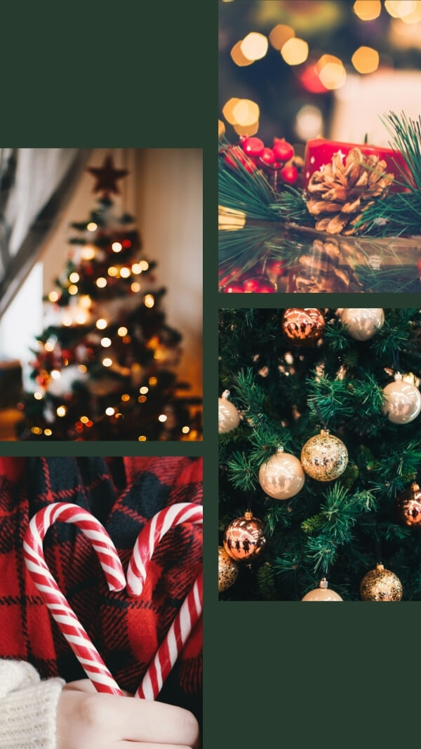 green background with off set images (4)- images of mistletoe with blurry lights in the background, Christmas tree , ornaments, and candy canes forming a heart. collage Christmas wallpaper background