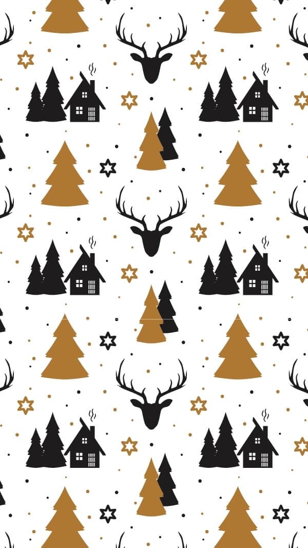 black and gold holiday pattern vector illustrated- houses, evergreen trees, reindeer, and stars