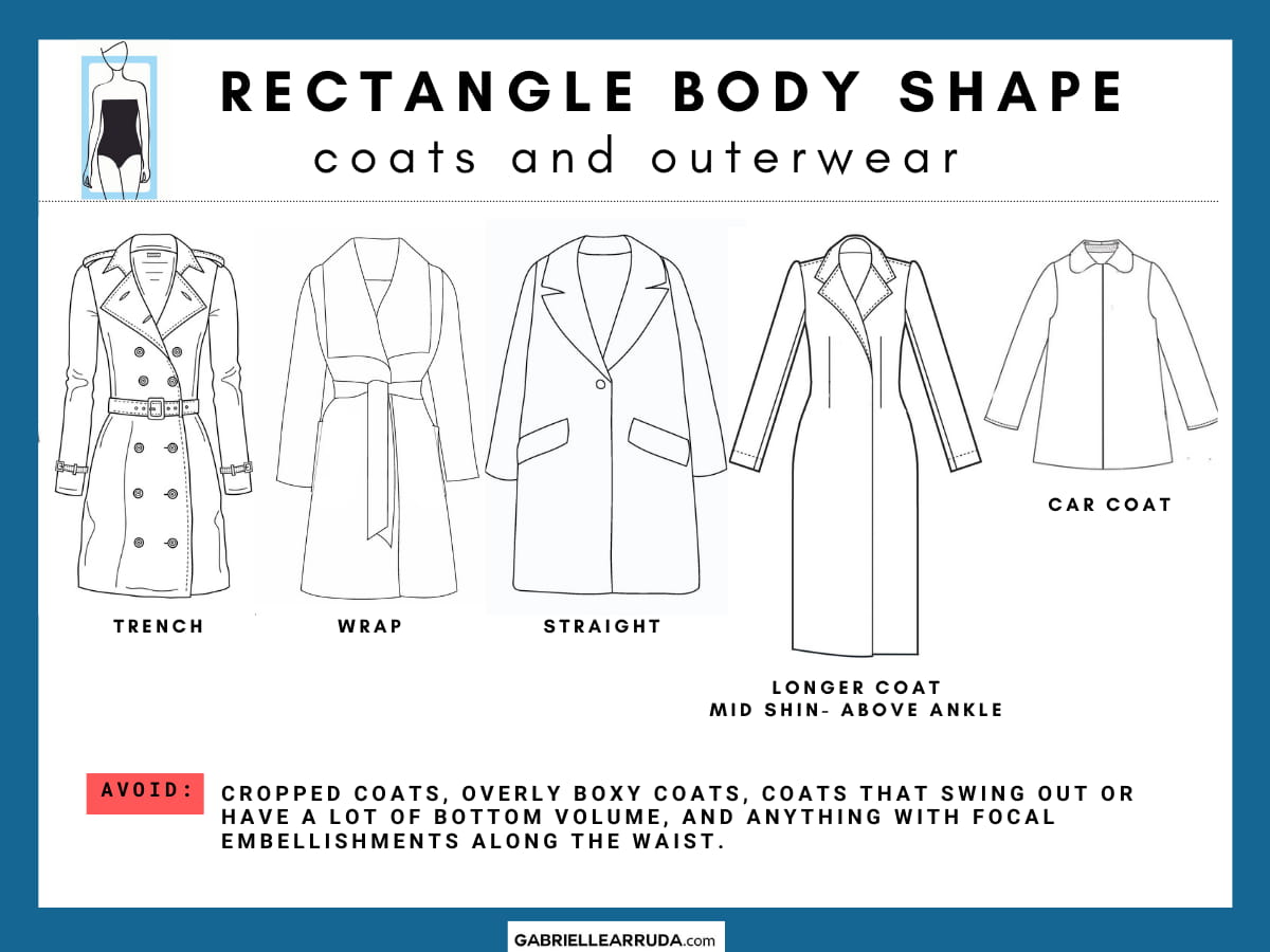 coats and outerwear for the rectangle body shape; trench, wrap, straight, longer coat (mid-shin, above ankle), car coat 