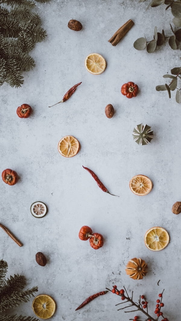 minimalist Scandinavian holiday wallpaper background.  gray textured background with simple dried fruits and sprigs of evergreen and holiday plants. 