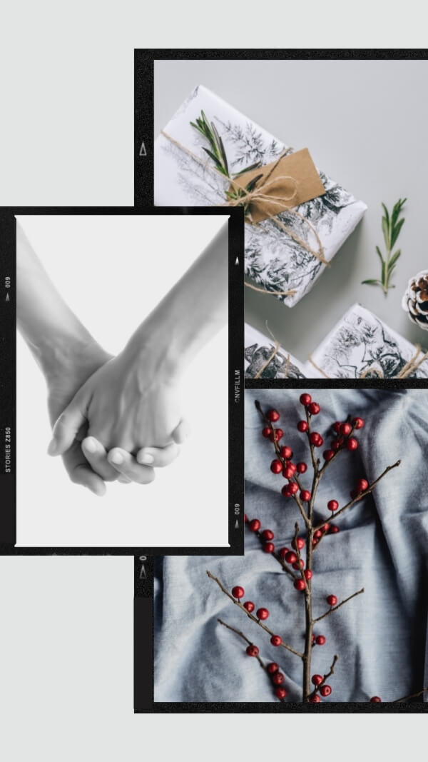 holiday love wallpaper for iphone- light gray background with three black film frames with images- b&w hands holding, gifts wrapped in white wrapping paper and a sprig of misteletoe  
